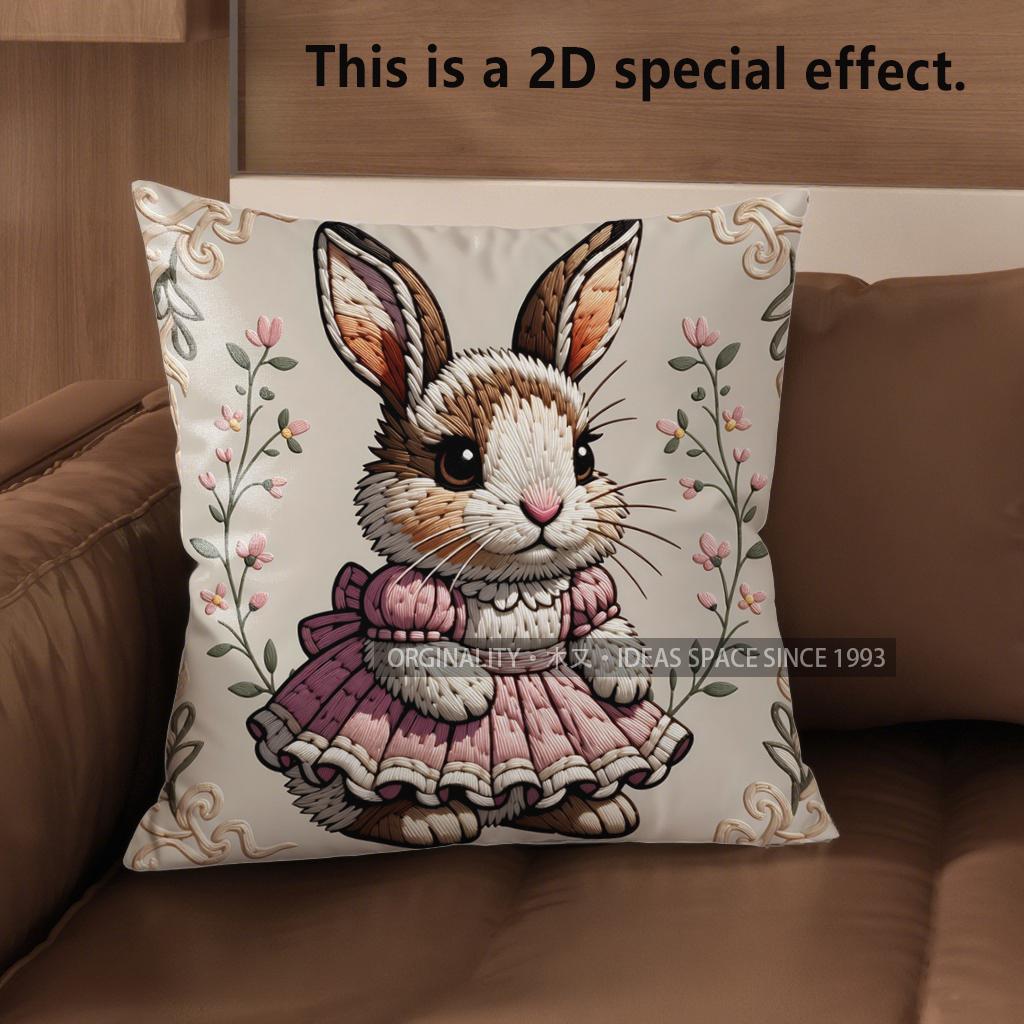 2D Cute Bunny Dressed In Flowers Pillow Covers Pattern Cushion Cover Suitable For Sofa Bedroom Car Pillow Cover