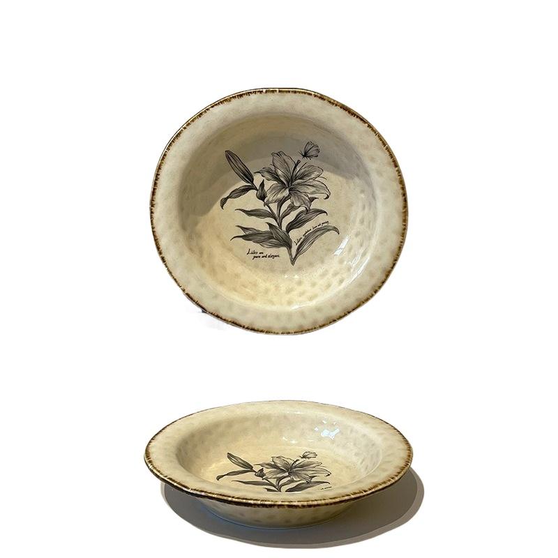 Japanese Straw Hat Plate Retro Floral Deep Pasta Dish Western Dinner Plate Creative Salad Dessert Plate