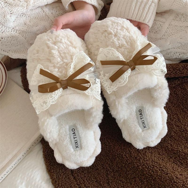 

Fashionable, Sweet, and Cute Bow Plush Women s Winter Student Non slip Home Cotton Slippers 36-37 коричневий