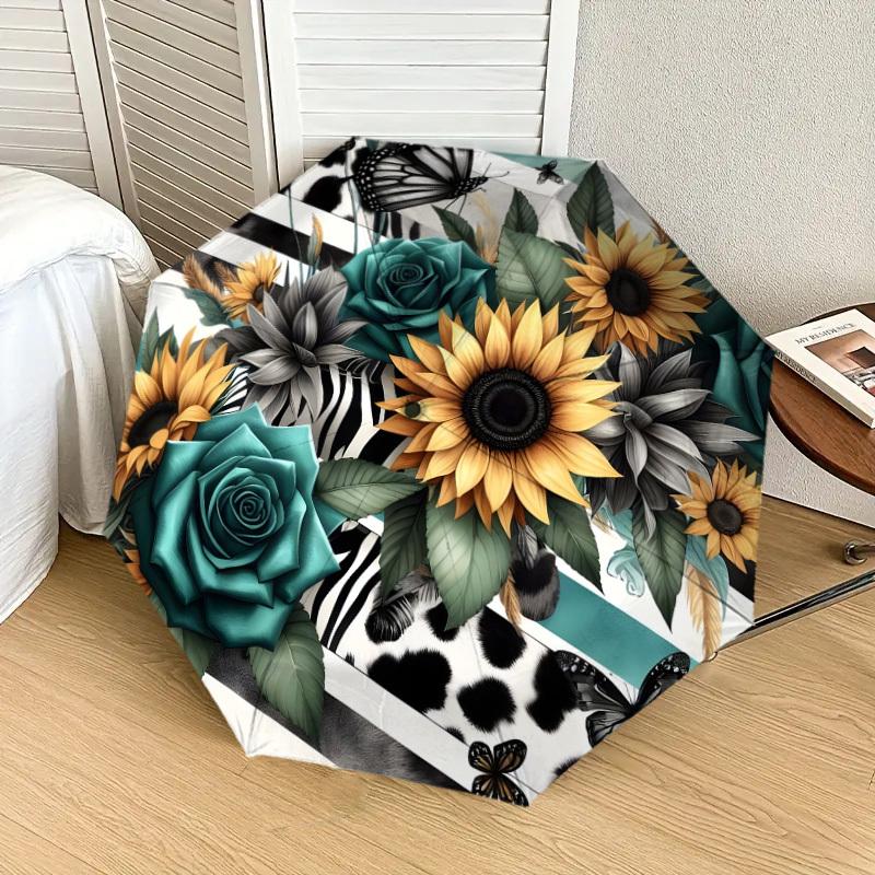 1pc Zebra Stripes and Floral Bouquet Umbrella with Plastic Handle,Suitable for All Seasons Home Travel Outdoor UmbrellaDD1402