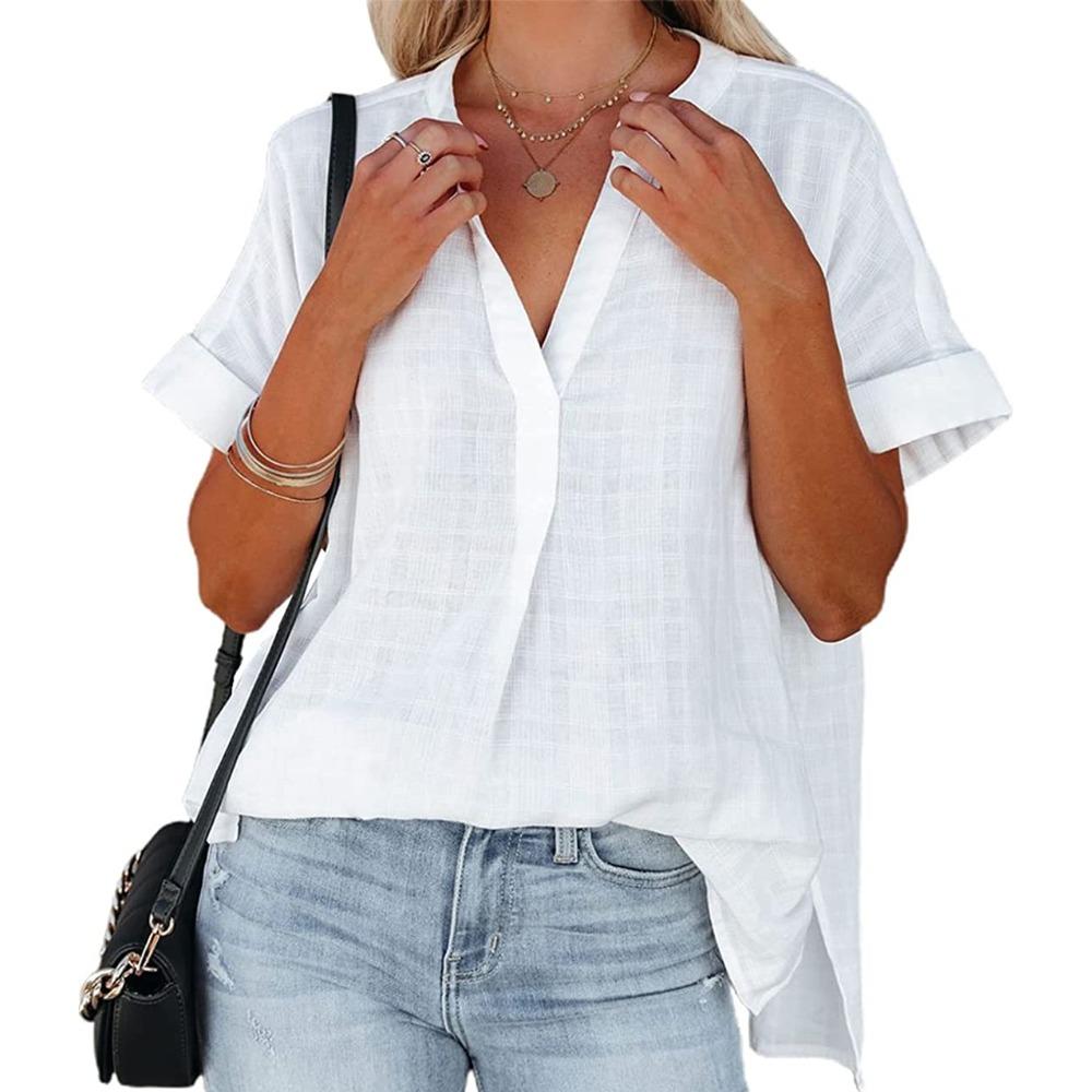 

VEZFAA женские модные повседневные летние однотонные блузки и рубашки с короткими рукавами и v-образным вырезом с принтом