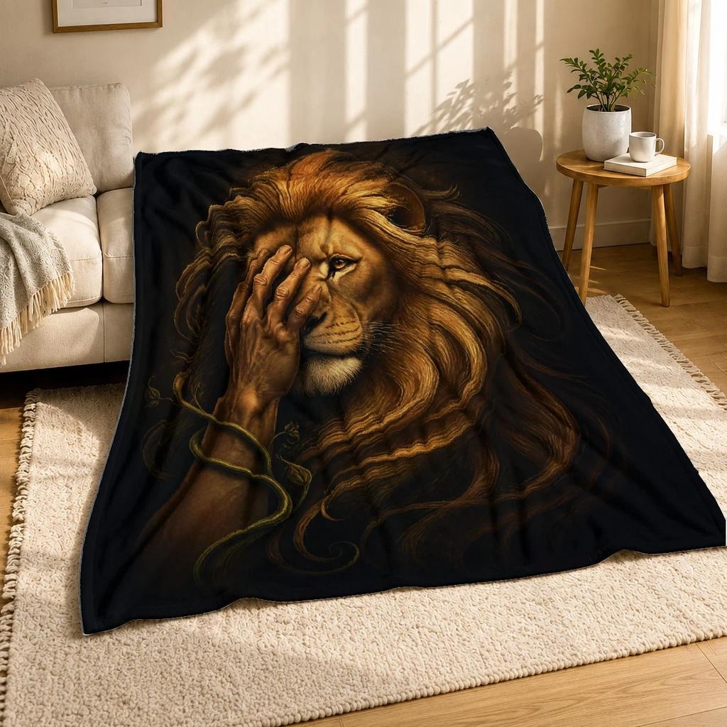 Lion Hand Vine Coral Fleece Blanket Nature Tattoo Style