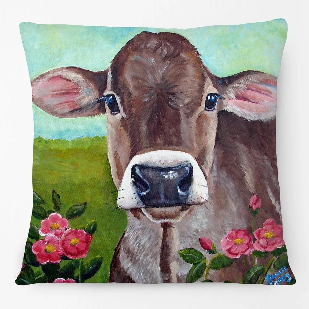 Oil Painting Farm Animals Poster Cushion Cover Cow Sheep Goat Rustic Style Home Decorative Square Pillow Case