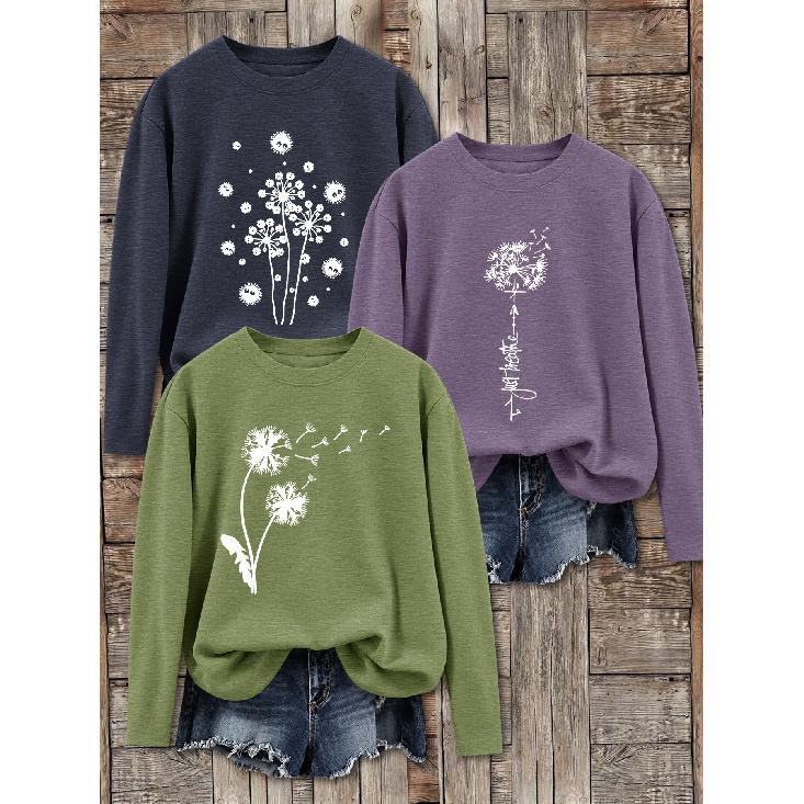 3Women's long-sleeved top (sold individually) T shirt suit | Dandelion letter print theme | Simple, minimalist, and artistic round-neck top | Elegant
