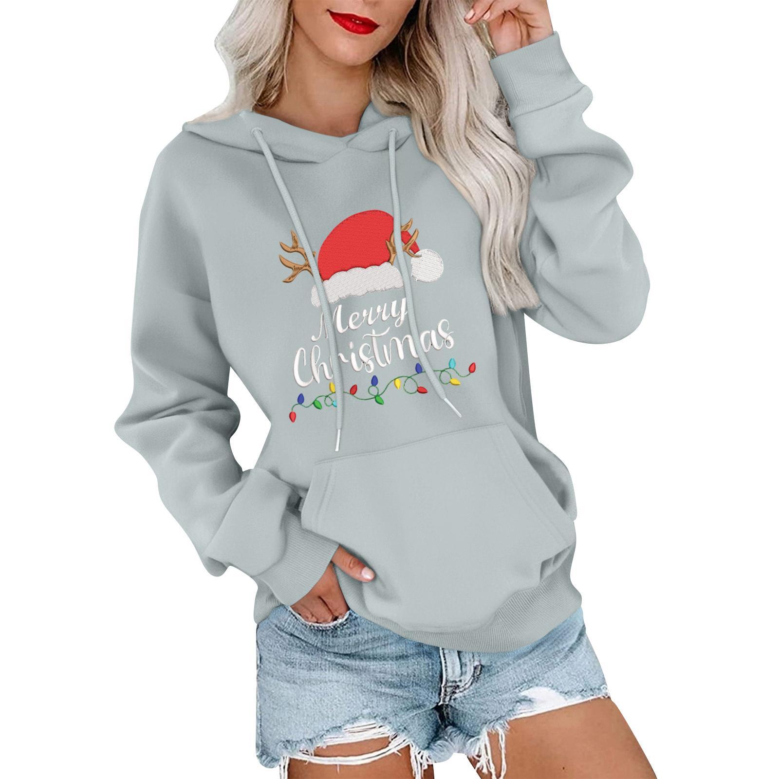 

Женский повседневный удобный свитшот с капюшоном, длинным рукавом и рождественским принтом M