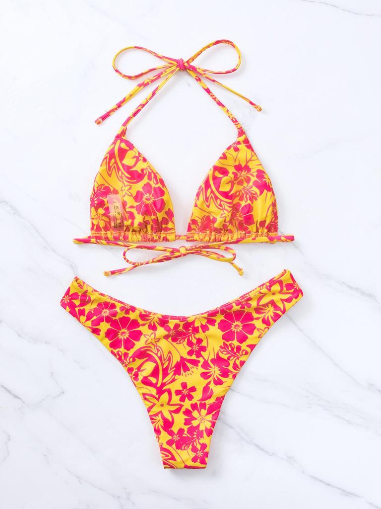 2024 Sexy Bikiny s trojúhelníkovým potiskem: Přeshraniční evropský a americký styl se zavazovacím designem
