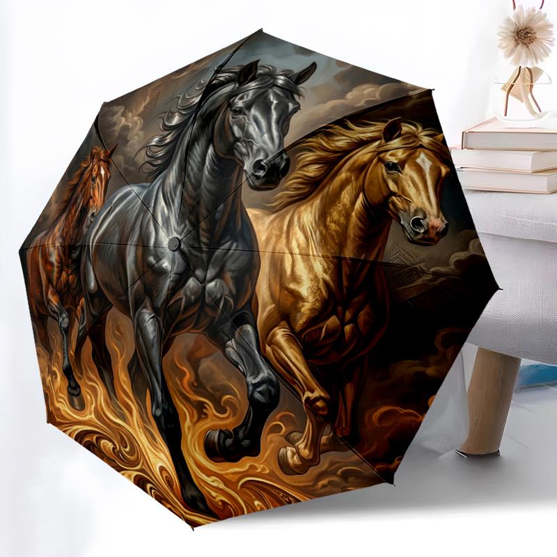 1pz Robusto Ombrello Automatico a 8 Stecche, Ombrello Cavallo Cosmico Mitico, Stampato Digitalmente, Ombrello Pieghevole per Uso Esterno in Movimento