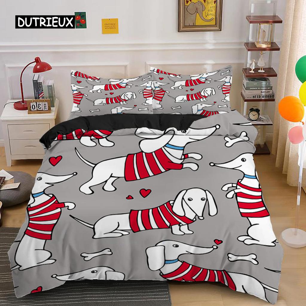 Dachshund Duvet Cover Set Cartoon Style Dachshunds King Size Bedding Set for Dog Lovers Kids Teens 2/3pcs Twin Comforter Cover