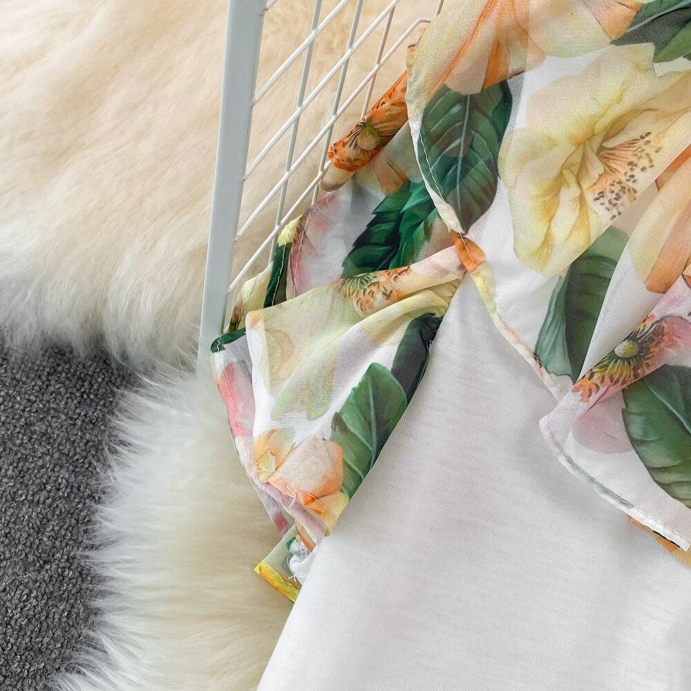 Set Female Celebrity Round Neck Patchwork Ruffle Printed Top Two Piece Set High Waist Medium Length Hip Wrap Skirt