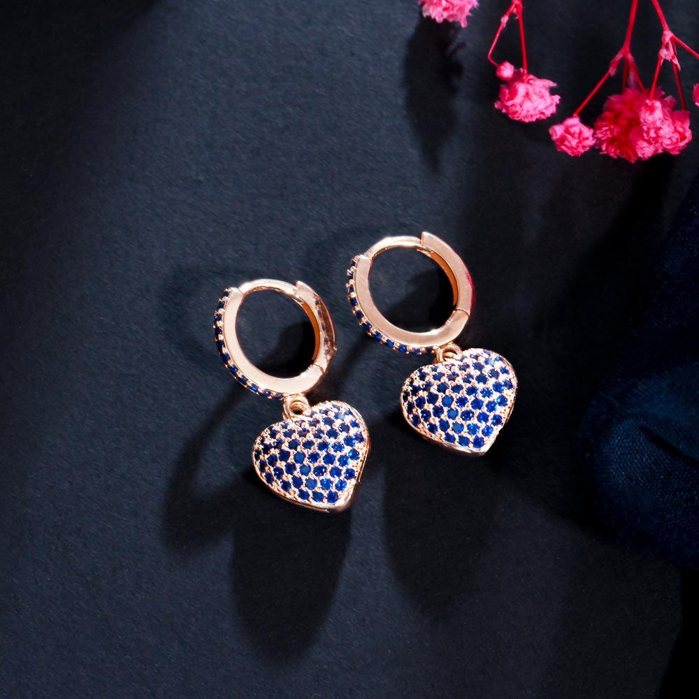 Fresh Love Peach Heart Zircon Ear Buckles, Full Diamond Heart-Shaped Zircon Earrings, Earrings.