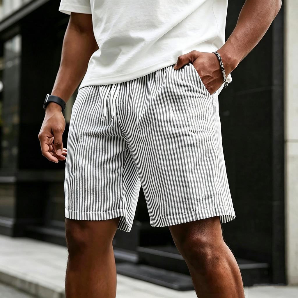 Herrshorts, Casual, Randiga, Linne, Elastisk Midja, Dragsko, Sommar, Strandshorts, Med Fickor, Lös Passform, Bomullslinne Shorts