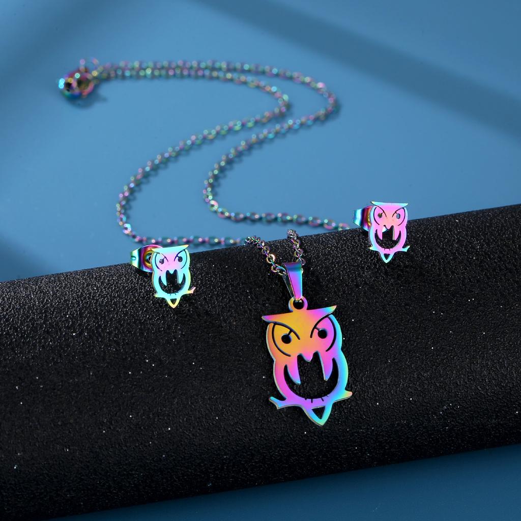 RUI RUI YU Fashion Unique Colorful Animal Owl Necklace Jewelry Sets for Women Stainless Steel Cute Bird Earrings Kids Christmas Gift