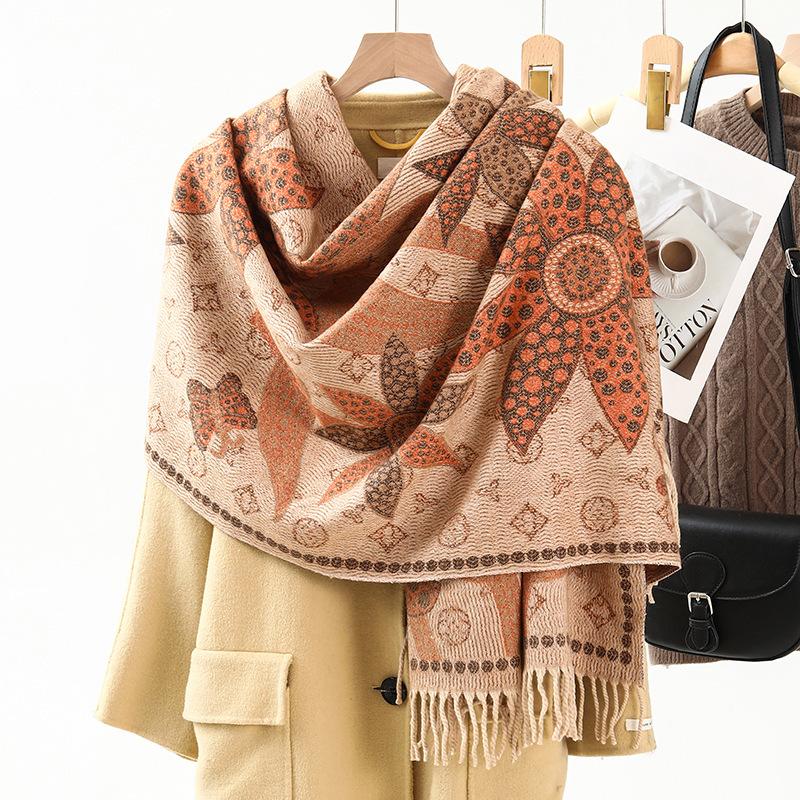Jacquard Scarf Shawl with Decorative Imitation Cashmere Scarf for Women Winter High End New Style Thickened Ethnic Style Shawl