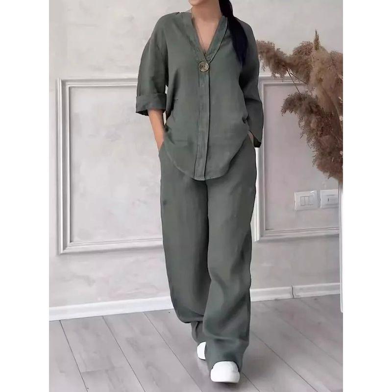 

Solid Color Vneck Top Casual Suit Pants Solid Color and V-neck Tops Casual Suit Pants Dark gray 3XL