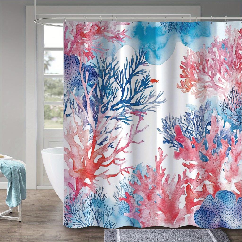 1 Polyester Shower Curtain - Vibrant Watercolor Coral Reef Digital Print, Bathroom Decor with Hooks, Bathroom Shower Curtain