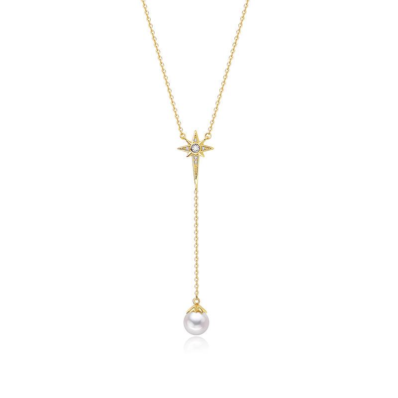 Korean Eight-Pointed Star Freshwater Pearl Necklace, 925 Sterling Silver, Light Luxury Clavicle Chain 925 Sterling Silver