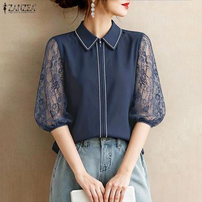 Women Casual Turn Down Collar Casual Lace Splice 3/4 Sleeve Zipper Blouse