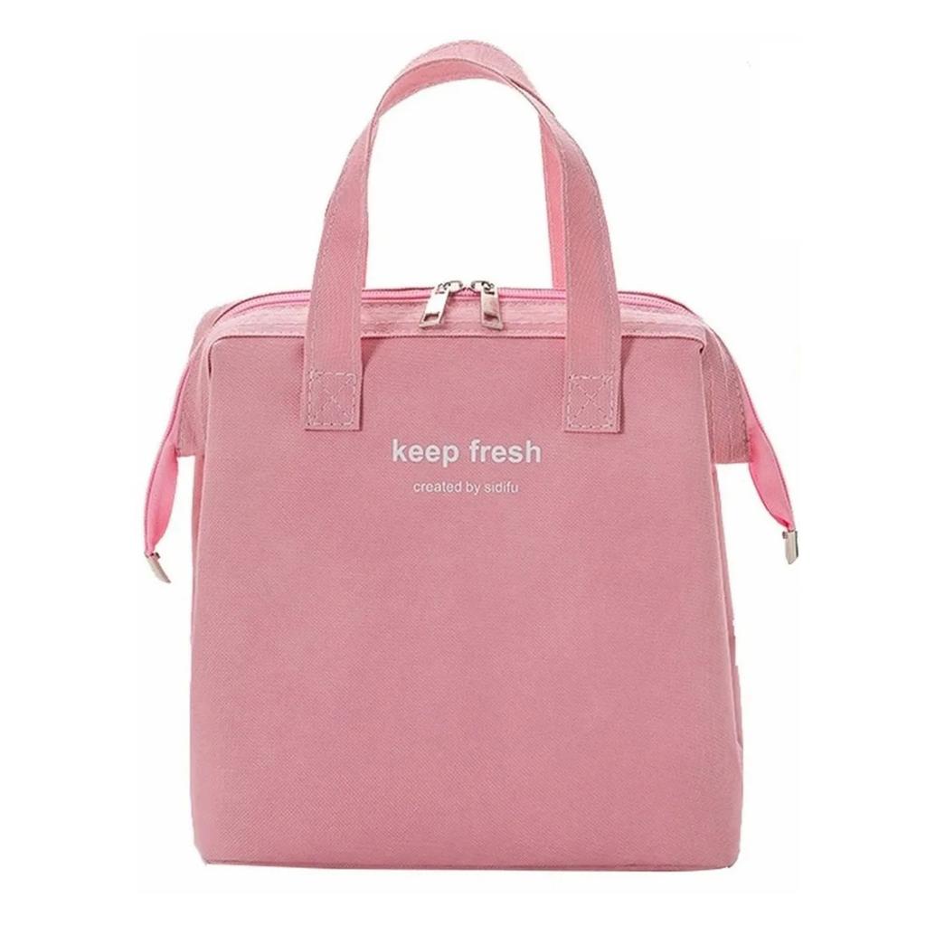 Insulated Lunch Bag Solid Color Oxford Cloth Waterproof Metal Zipper Portable Lunchbox for Commuting Pink