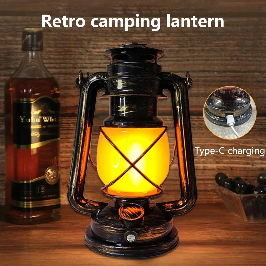 Flame Effect Vintage Lantern Portable Camping Light USB-C Rechargeable 1200mAh Battery Bar Restaurant Christmas Decoration