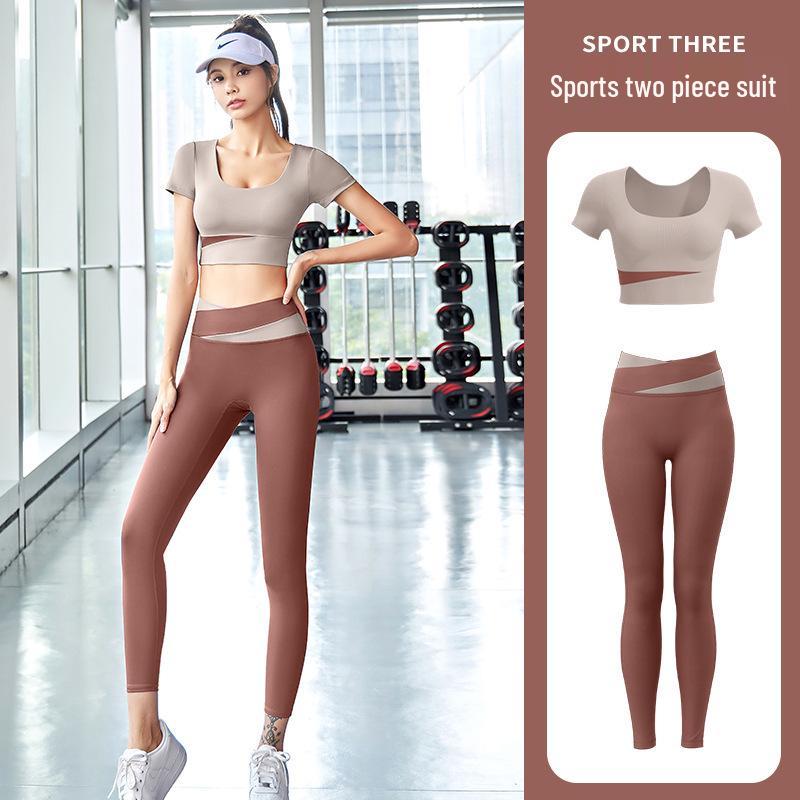 Women's Patchwork Color Block Fitness Set – Cropped Short Sleeve Top & High Waist Hip Lift Sports Pants for Spring/Summer Running & Workouts
