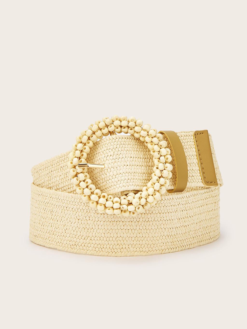 

Simple Solid Color Bead Ring Buckle Decoration Women Casual Woven Belt For Festival Outfits білий