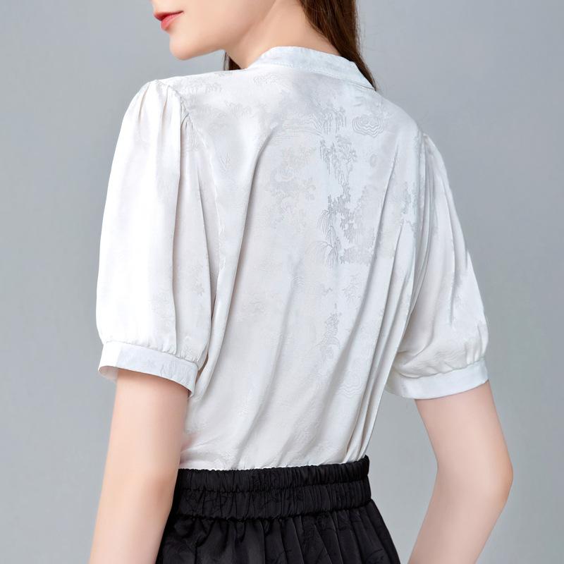 Chinese Style Short-sleeved Shirt for Women New Women's Stand-up Collar Embroidered Chiffon Shirt New Chinese Top