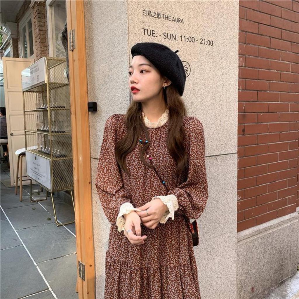 Long Sleeve Midi Dress For Women, Casual Smocked Vintage Midi Dresses, Fall Floral Wedding Guest Dress