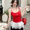 Ballet style O-neck sleeveless T-shirt Summer MODAL COTTON Sexy sling t shirt for Women Lotus leaf Slim Elastic Skinny red Tops
