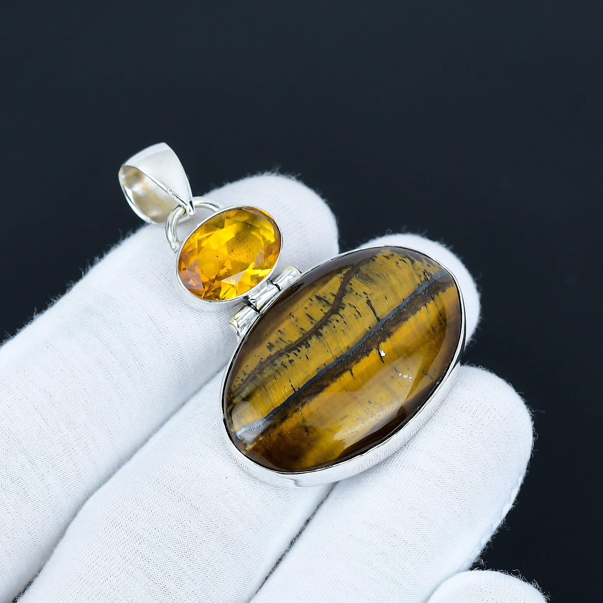 

Natural Tiger s Eye & Citrine Gemstone Pendant, 925 Sterling Silver Jewelry, Silver Pendant, Boho Jewelry, Antique Pendant Gift For Women s 6.5 Cm коричневый