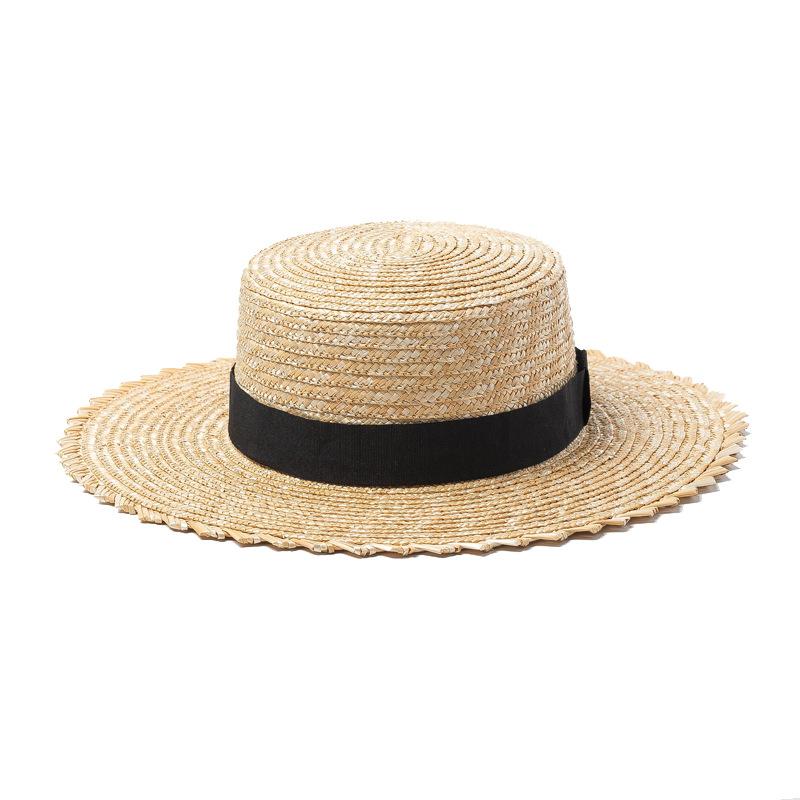 Spring and summer new fashion pattern wavy edge straw straw flat top top hat, webbing decorative sunshade beach flat top straw hat