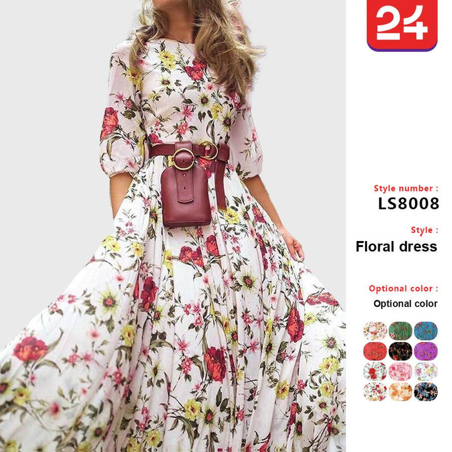 Vestido Novo Estilo Primavera Estampado Digital Corte Solto Floral Elegante Emagrecedor Vestido Longo