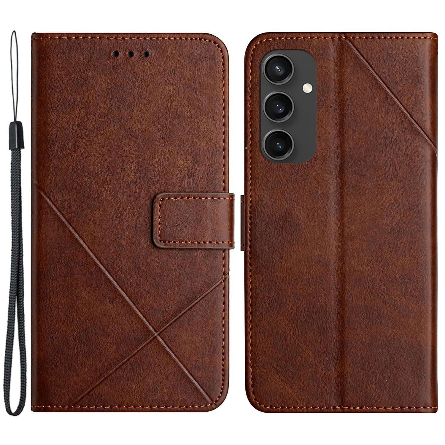

For Samsung Galaxy S24 FE Leather Case Line Pattern Wallet Phone Cover Brown