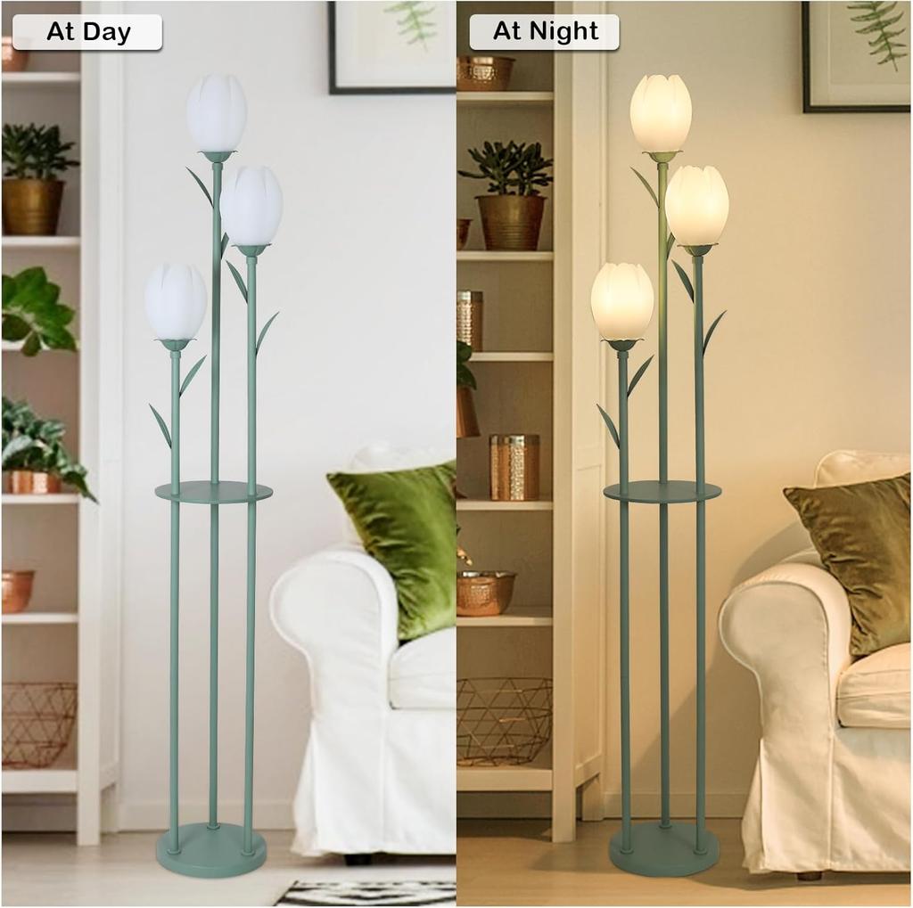 3-Light Flower Floor Lamp, Green Tulip Standing Lamp with Shelves, LED Living Room Decor