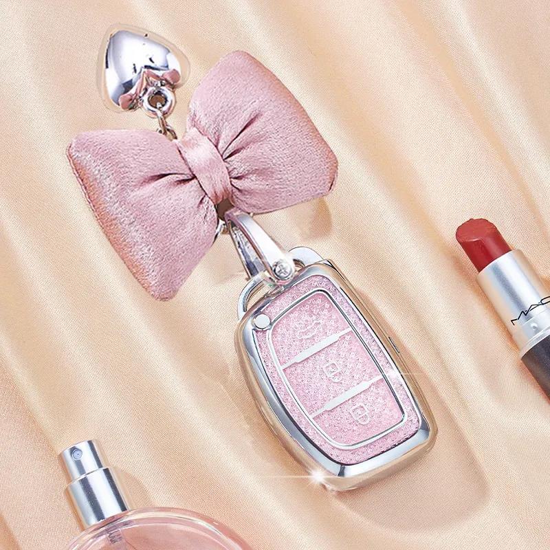 Car For Hyundai Solaris Ix35 Ix45 ELANTRA Santa Fe HB20 Verna 3 Button Remote Key Case Cover Fob Bag Keychain Crystal Pink TPU