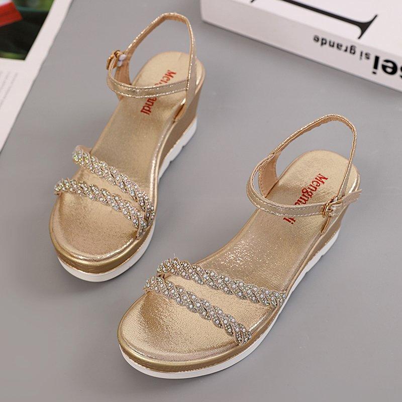 

Sandals women s new summer Korean version thick-soled wedge heel heightened and thin women s shoes rhinestone one-word buckle high-heeled sandals 40 золотий