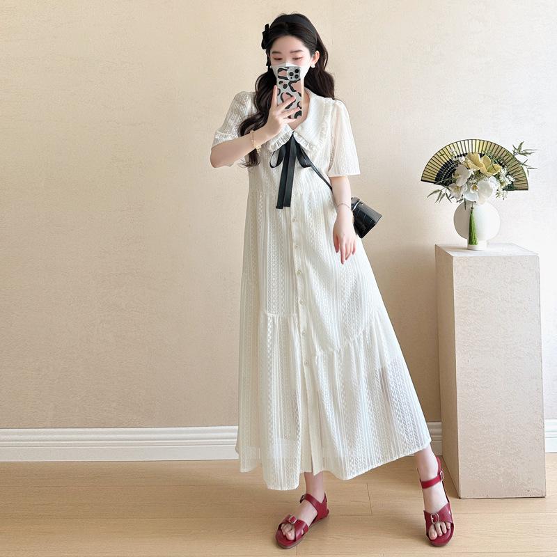 2026 Summer College Style French White Doll Collar Maternity Long Dress - Age-Reducing, Loose, and Slimming Fit