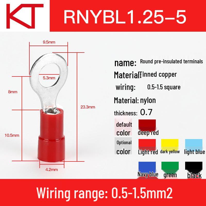 Kaisheng ROHS Copper Nylon Round OT Terminal Wire Lug RNYB1.25-3-3.5-4-5-6-8-10