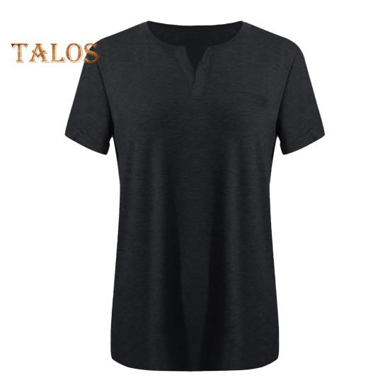 Tricou pentru femei, cu decolteu în V, cu mâneci scurte, cu buzunare la piept, de culoare uni, ocazional, tricou lejer, îmbrăcat zilnic