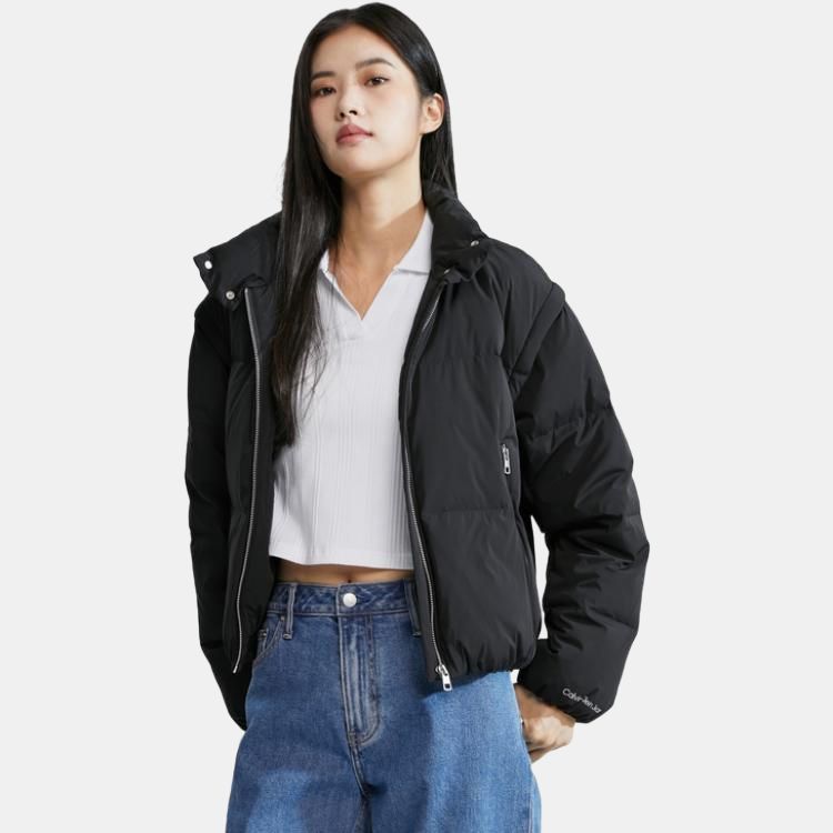 Calvin Klein Autumn Winter Letter Print Stand Collar Long Sleeve Jacket Cotton Coat Women Jackets Space-Black J222320BEH