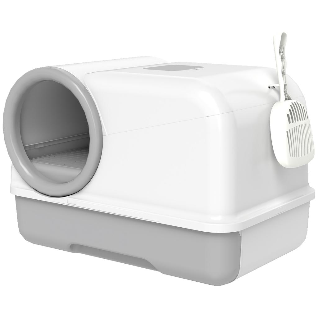 Enclosed Cat Litter Box with Tray, Scoop and Deodorant Bags, in PP, 59x39.5x39.5 cm, White and Grey