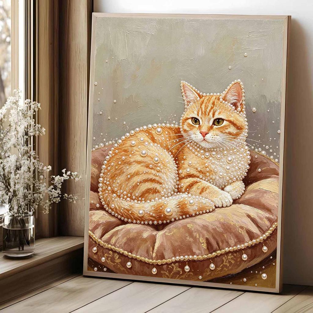 Stretched Frame Pearl Art Kit Cute Orange Cat Pattern DIY Sparkling Bead Canvas Relaxing Hobby Perfect Gift for Craft Enthusiasts Home Decor