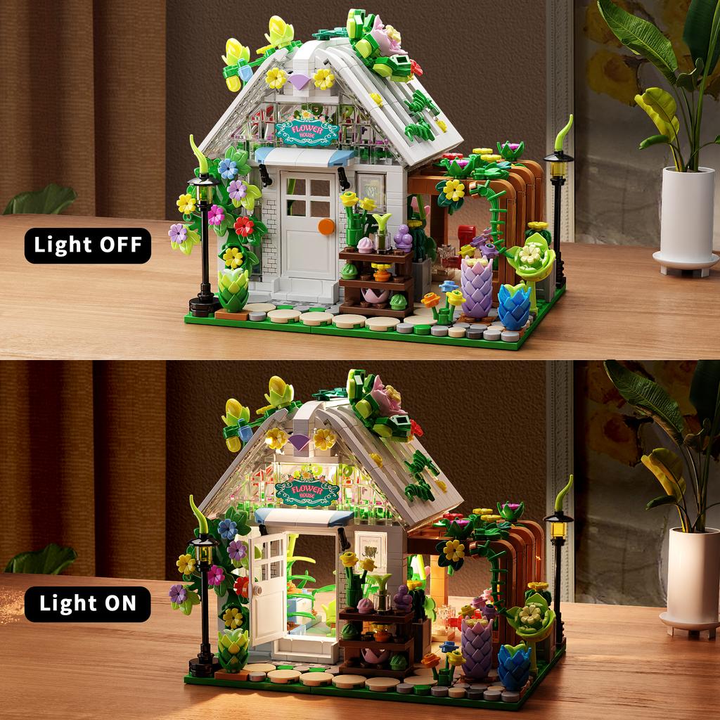 719PCS Flower House Building Block Toy Set City Street View Assembly Puzzle Bricks Model with LED Light Desktop Decoration Gifts