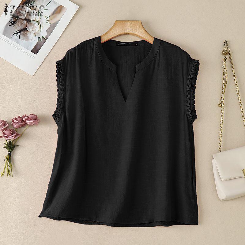 ZANZEA Blusa Casual da Donna con Scollo a V, Colore Unito, Vestibilità Larga, Inserti in Pizzo, Manica Corta