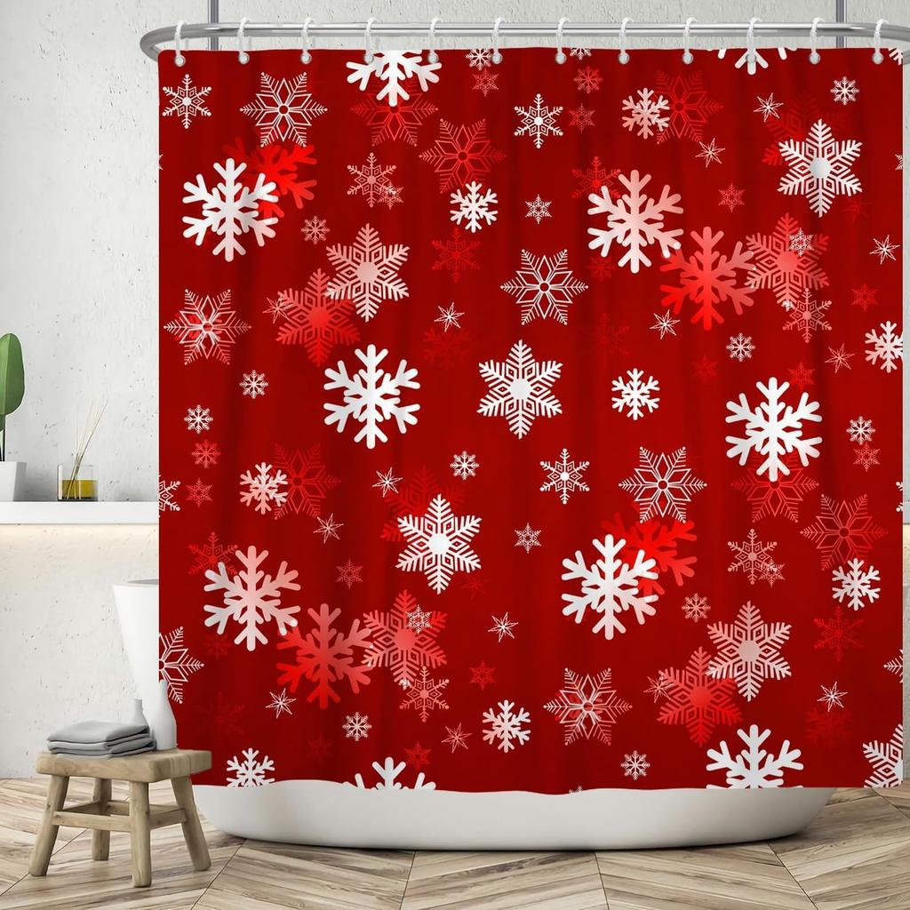 Red Snowflake Christmas Shower Curtain Set With Hooks, Winter Xmas Theme Waterproof Bathroom Decor For Holiday