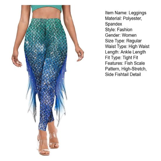 Women Leggings Slim Fit High Waist Mermaid Print 3D Gradient Fish Scale Pattern Side Fishtail Detail Yoga Pants Daily Wear