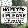 ProvocativeNoFilterMetalSign Provocative Vintage Aluminum Metal Sign - "My Mouth Has No Filter" Funny Poster