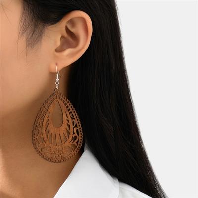 Wooden Water Drop-shaped Hollow Design Earrings Antique Earrings Versatile Elegant Geometric Handmade Literary Retro