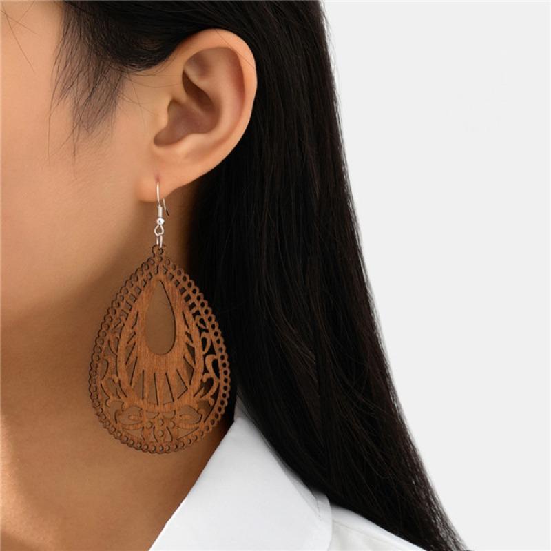 Wooden water drop-shaped hollow design earrings antique earrings versatile elegant geometric handmade literary retro