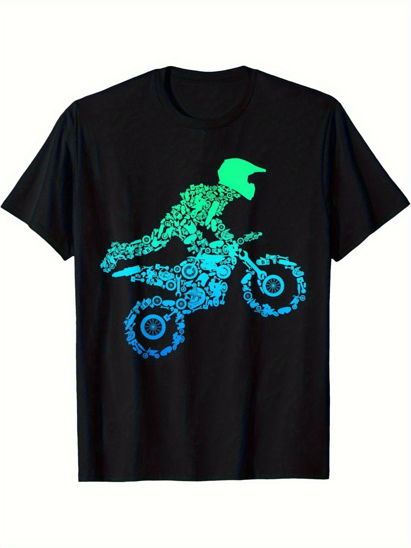 Dirt Bike Rider Motocross Graphic T-shirt- Neon Green& Blue Gear Design on Black XXXL
