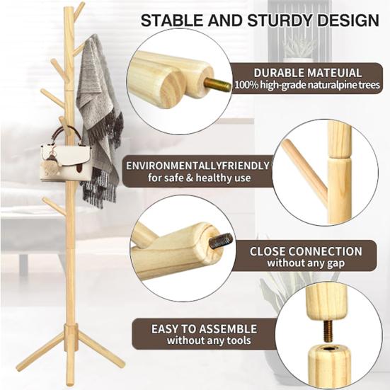 Dřevěný volně stojící věšák na kabáty, velmi odolný, nastavitelný strom na kabáty, předsíň, vstupní hala, obývací pokoj, ložnice, klobouky, kabáty, šály, kabelky, stojan na věšáky